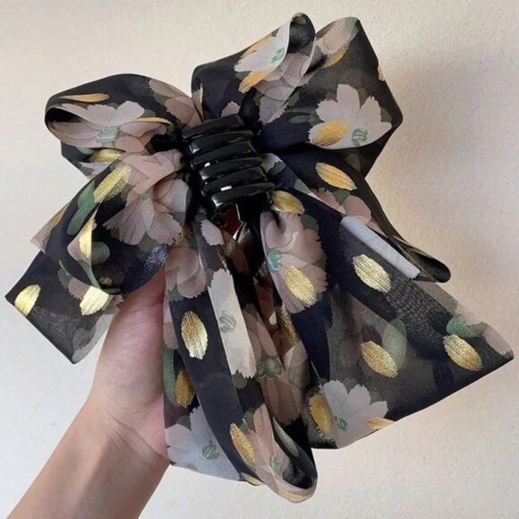 Boho Floral Print Layered Large Bow Hair Clip - Picture 4 of 5